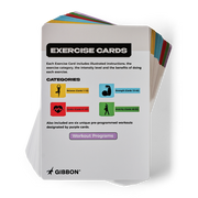 Stack of exercise cards with categories and GIBBON branding on a white background