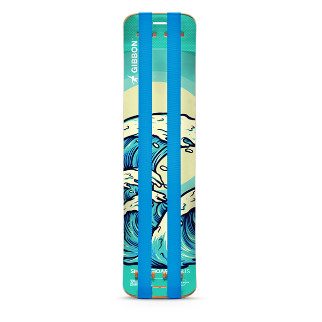 Gibbon SlackBoard with wave design and blue straps on a white background