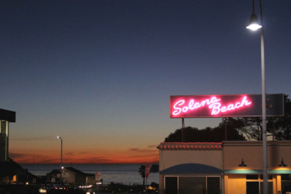 The Solana Beach sign at sunset